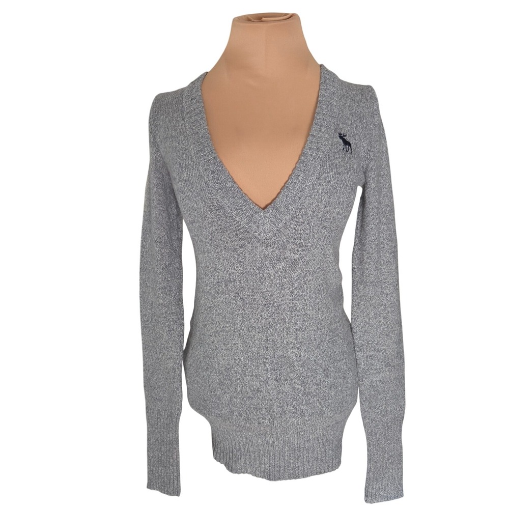 Abercrombie & Fitch Y2K Gray V-Neck Sweater Moose Logo Cotton Angora Blend NWT M